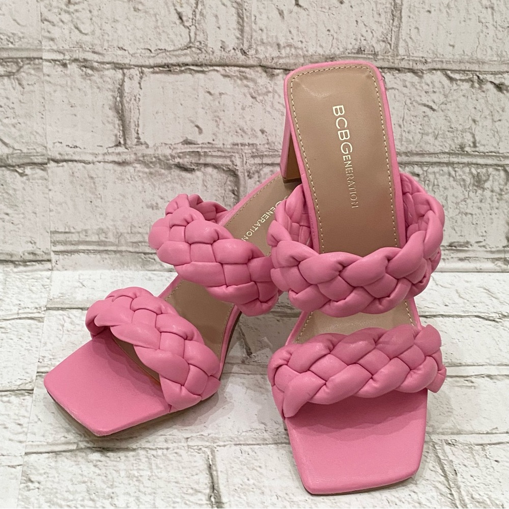 BCBGeneration Pink “Finaa” Slide Chunky Braided Woven Strap Heel Sandal Size 7